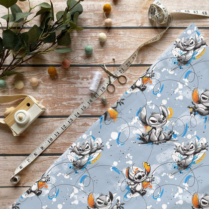 Blue Monster French Terry – hochwertiger Kinderstoff mit Monster‑Design
