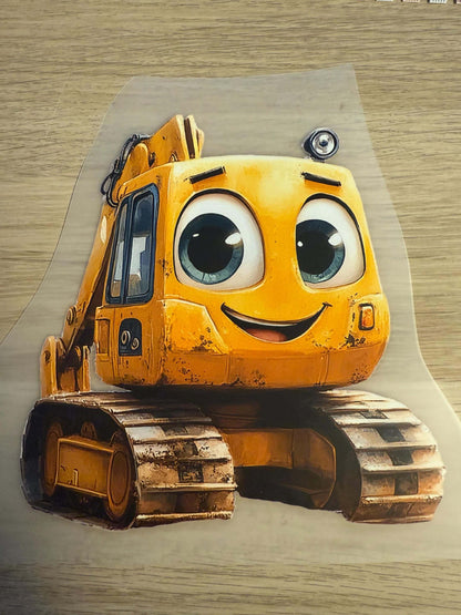 Buegelbild Bagger Motiv mit Raupenketten und freundlichem Gesicht