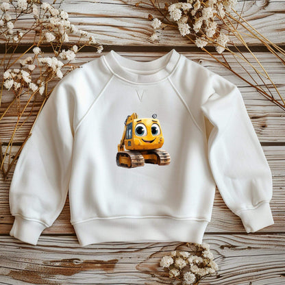 Buegelbild Bagger niedlich 16x16cm auf DTF Folie mit Baustellenmotiv