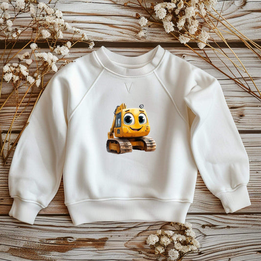 Buegelbild Bagger niedlich 16x16cm auf DTF Folie mit Baustellenmotiv