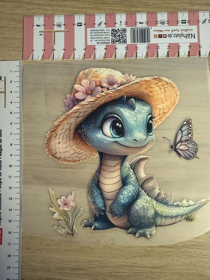Buegelbild Dino Motiv mit Hut, Blume und Naturdetails