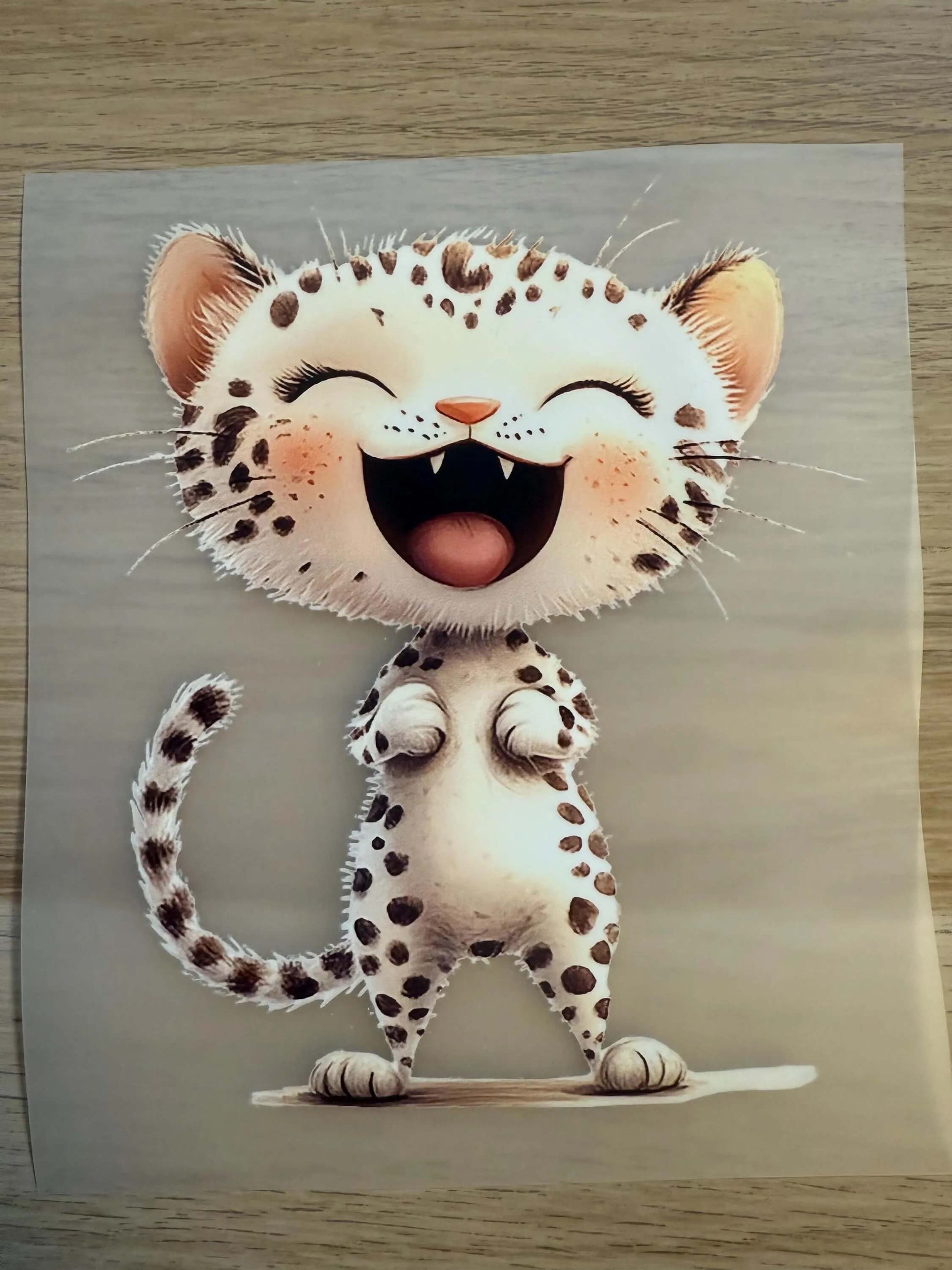 Buegelbild Leopard Kind Motiv mit Spots und Froehlichkeit