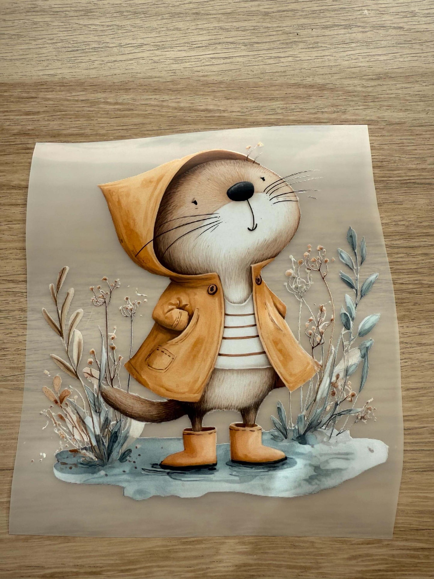 Buegelbild Otter Herbstmotiv mit Gummistiefeln und Streifenshirt