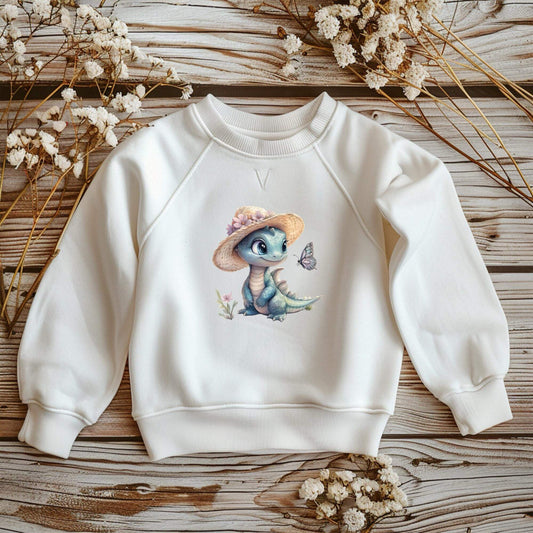 Buegelbild Sommerdino 17x16cm auf DTF Folie mit Strohhut und Blume