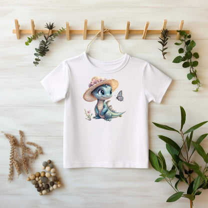 Buegelmotiv Dino mit Schmetterling und Blumen fuer Kinderkleidung