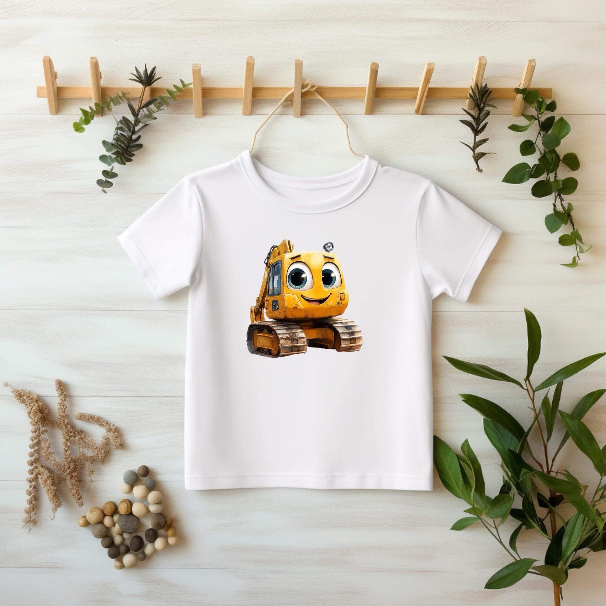 Buegelmotiv gelber Bagger mit Augen und Laecheln fuer Kinderkleidung