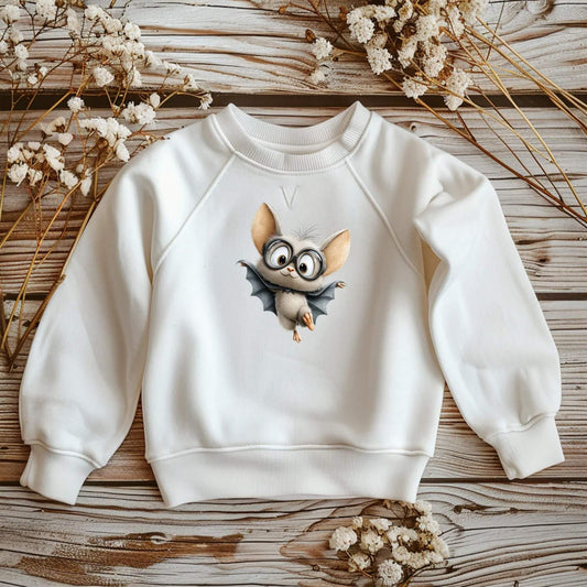 Weißer Kinder-Sweatshirt mit DTF Bügelbild coole Fledermaus mit Brille, Halloween Bügelmotiv 16x13 cm