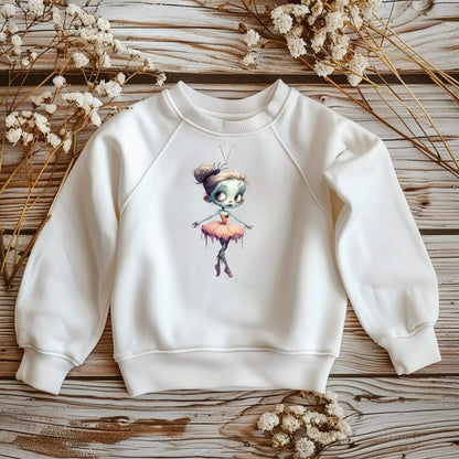 Weißer Kinder-Sweatshirt mit DTF Bügelbild Zombie-Ballerina im Tütü, Halloween Bügelmotiv 18x10 cm