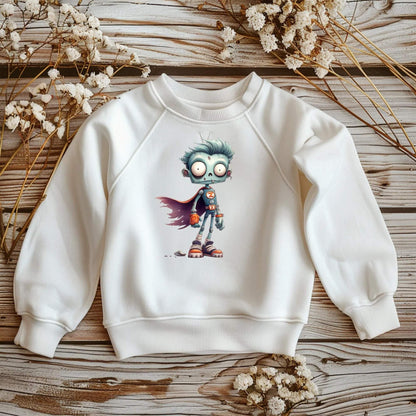 Weißes Kinder-T-Shirt mit DTF Bügelbild Zombie-Held mit Umhang, Halloween Bügelmotiv 18x11 cm