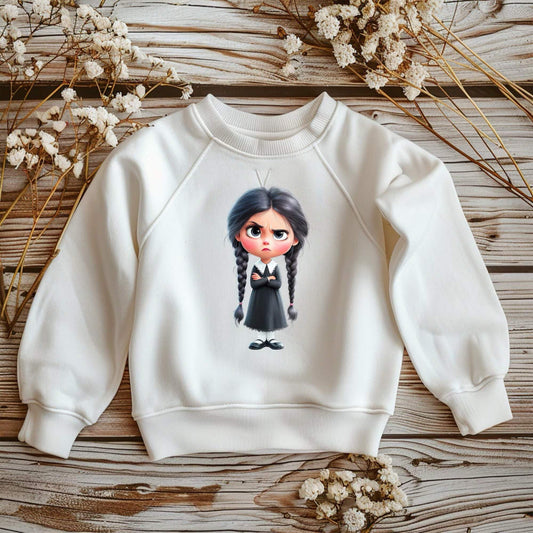 Buegelbild Wednesday 18x10cm auf DTF Folie mit Zopf und schwarzem Kleid