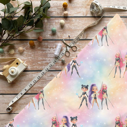 Dämon Hunter Regenbogen Kinderstoff auf Jersey – farbenfrohes Fantasy‑Motiv OEKO‑TEX 100

