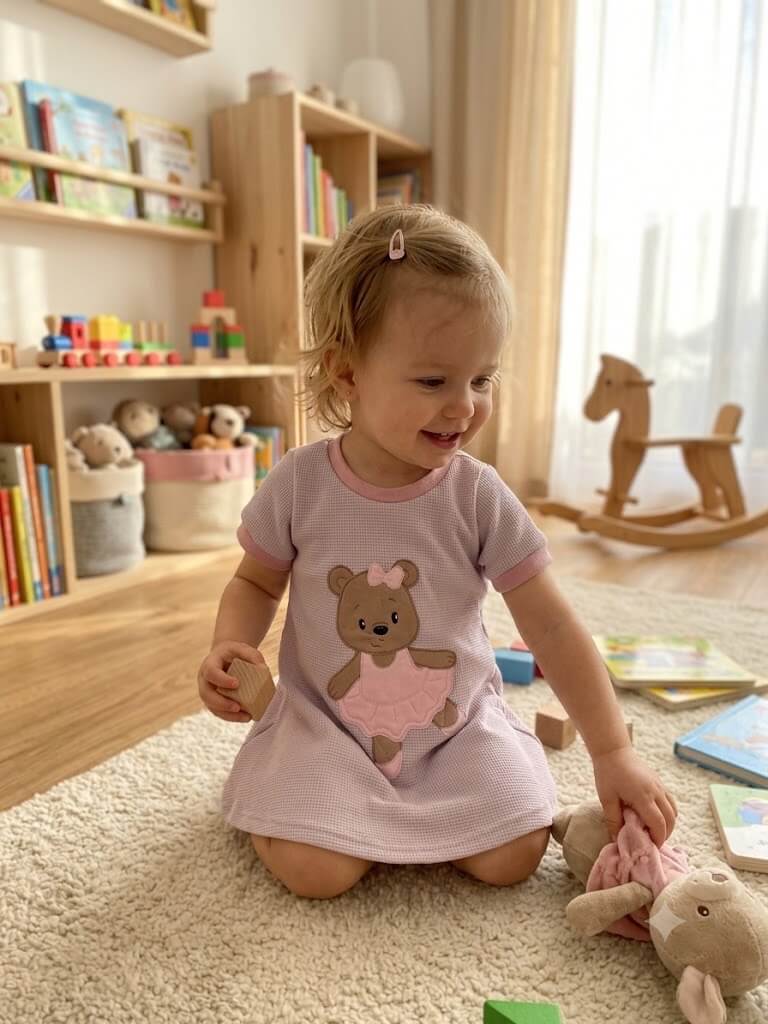 Handmade Mädchenkleid aus Waffelstrick in Rosa
