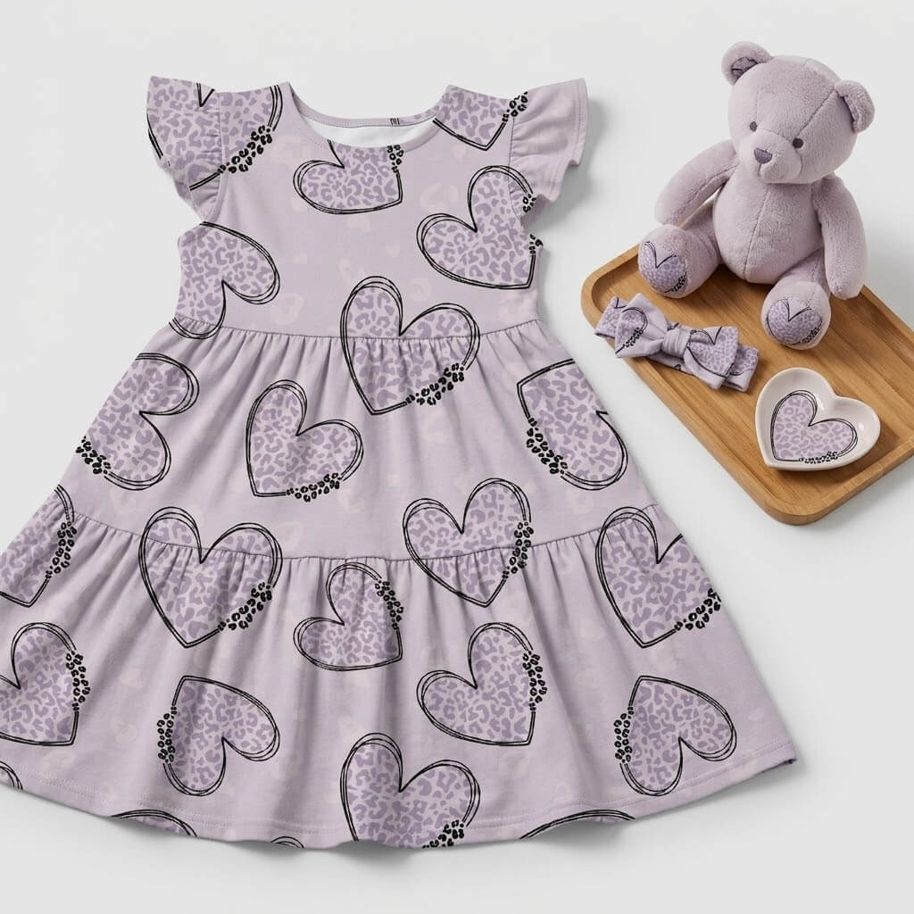 Leoherzen Mädchenstoff vernäht zu Kinderkleid, Mädchen trägt Jersey Kleid mit Leo-Herzen Motiv in Flieder, OEKO-TEX 100 Mädchenstoff