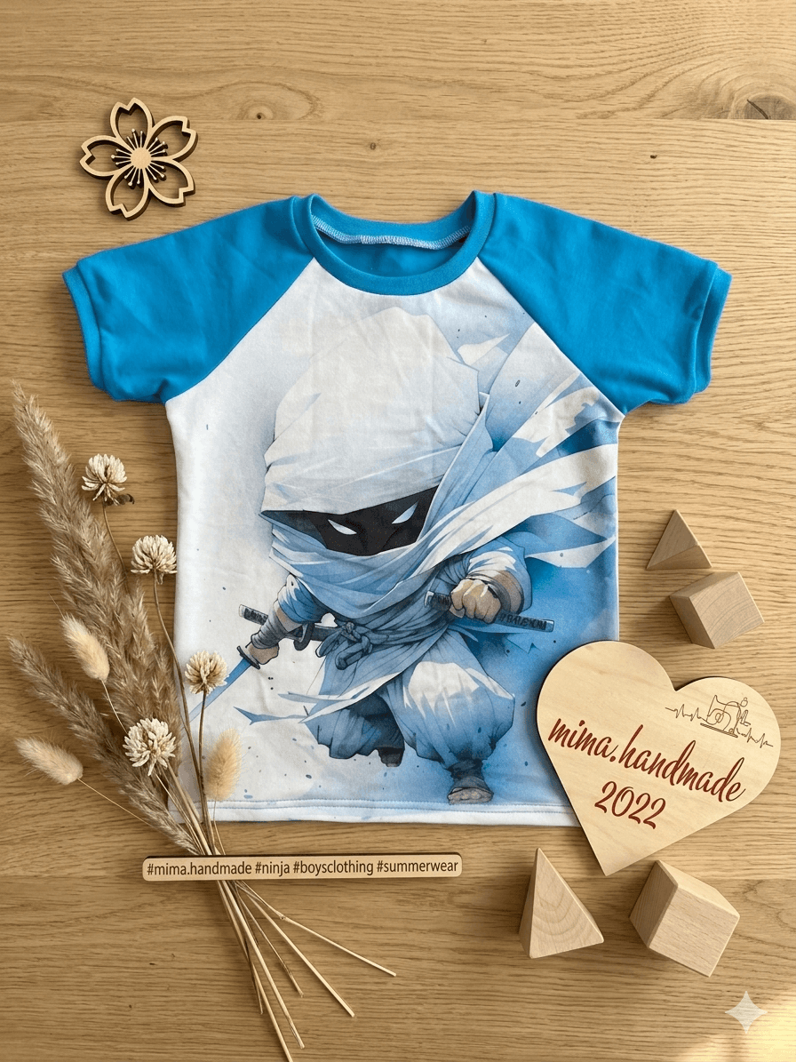 Ninja Kinder T-Shirt blau Größe 116 flach liegend Holz Hintergrund
