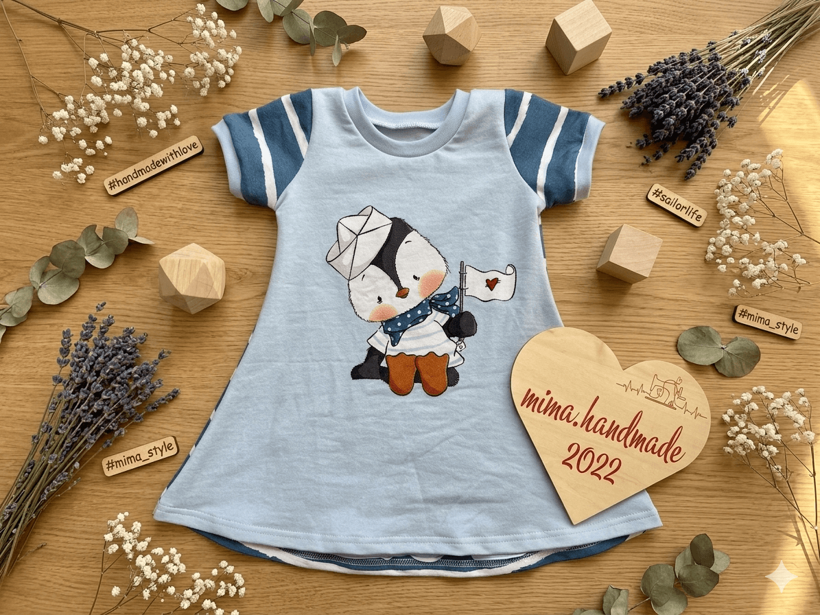 Kinderkleid Pinguin blau Größe 80 flach liegend Holz Hintergrund
