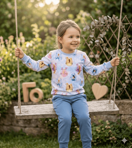 Mädchen trägt blauen Prinzessinnen Pullover Größe 104 Schaukel
