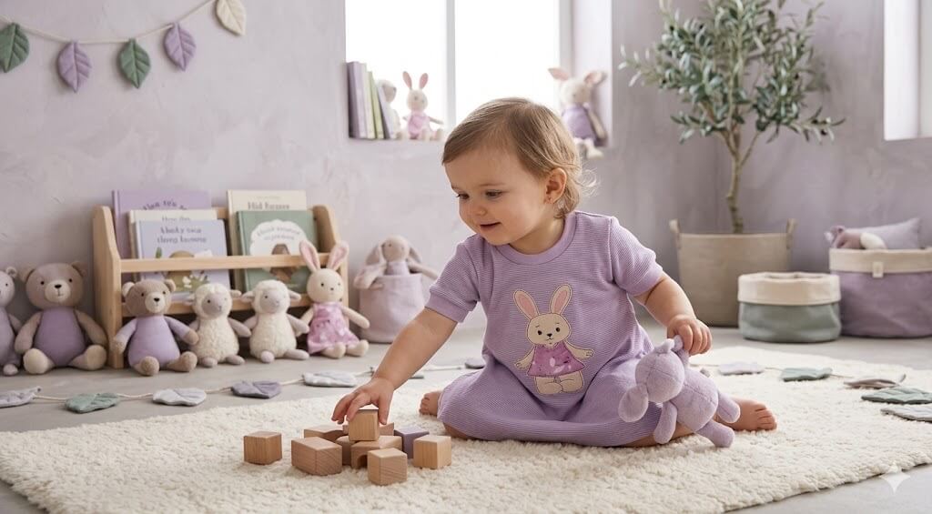 Handmade Mädchenkleid aus Feinrippjersey mit Hase
