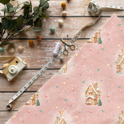 „Lebkuchenhaus rosa Stoff Meterware – ideal für Kinderkleidung & winterliche Accessoires“