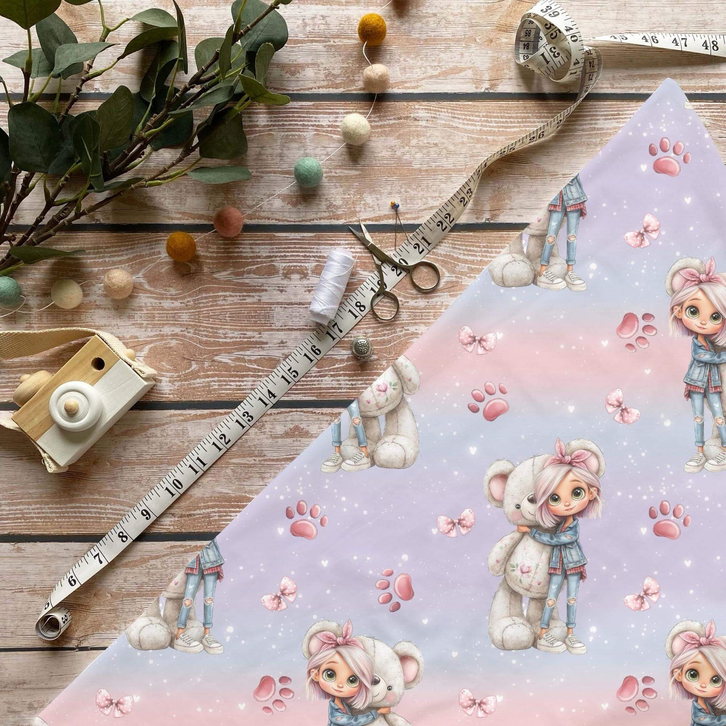 Jersey Stoff Teddy Mädchen Pastell mit Schleifen und Pfoten Muster