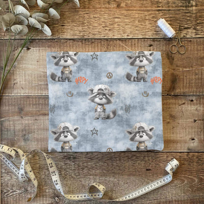 Kinderstoff Waschbär modern grau orange Jersey Baumwolle
