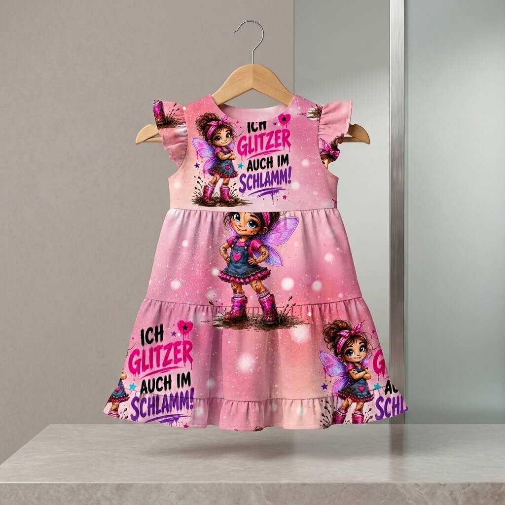 Schlammglitzer Mädchenstoff vernäht zu Kinderkleid, Mädchen trägt Jersey Kleid mit Glitzerfee im Schlamm Motiv, OEKO-TEX 100 Mädchenstoff