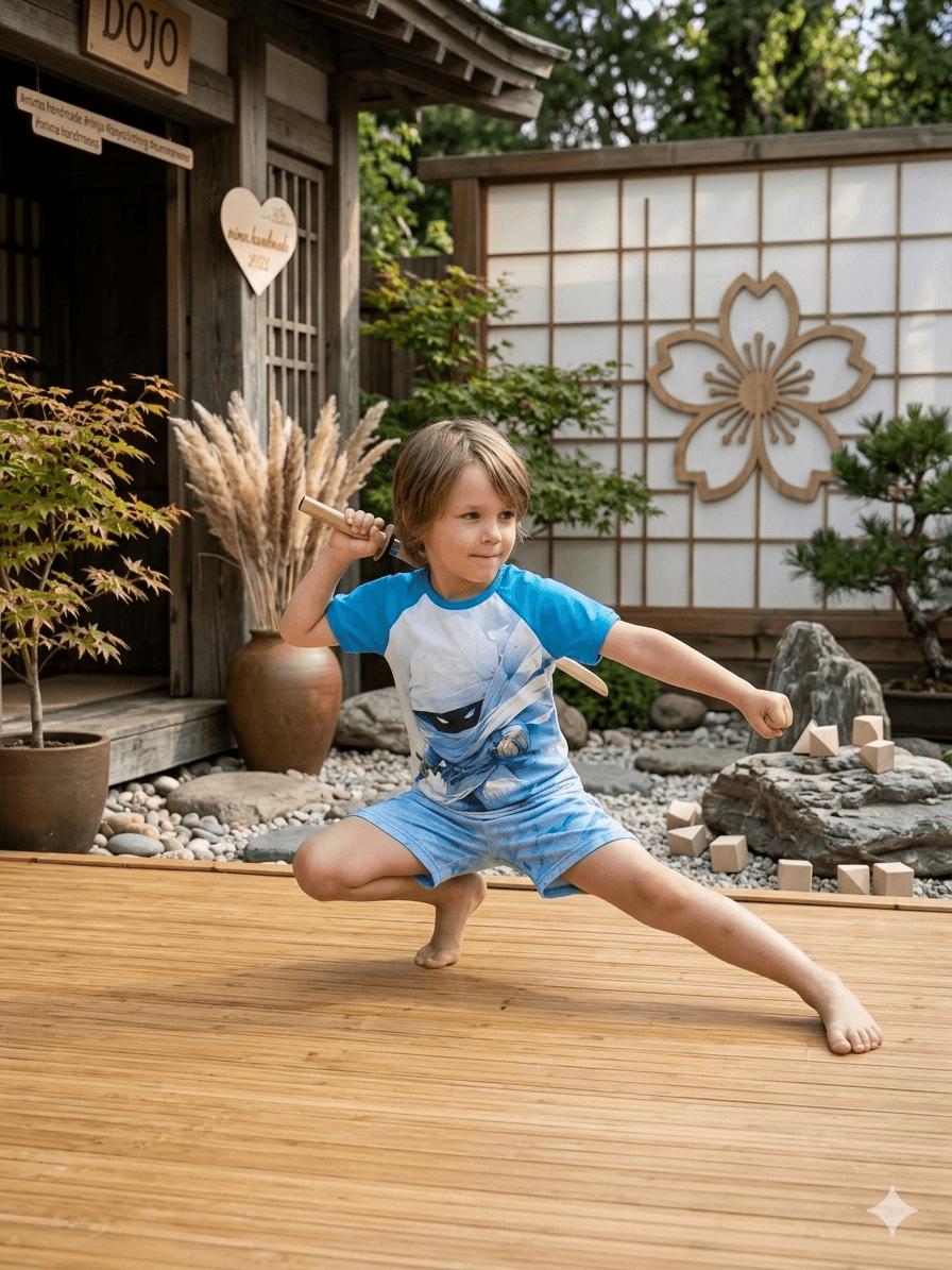 Kind trägt Ninja T-Shirt beim Spielen im Garten Kampfsport Pose
