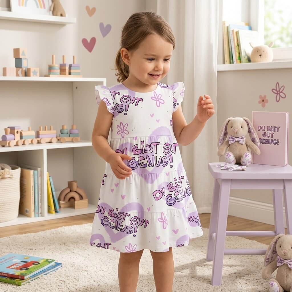 Gut Genug Mädchenstoff vernäht zu Kinderkleid, Mädchen trägt Jersey Kleid mit Mutmach-Spruch "Du bist gut genug" Motiv, OEKO-TEX 100 Mädchenstoff
