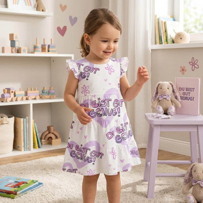 Gut Genug Mädchenstoff vernäht zu Kinderkleid, Mädchen trägt Jersey Kleid mit Mutmach-Spruch "Du bist gut genug" Motiv, OEKO-TEX 100 Mädchenstoff