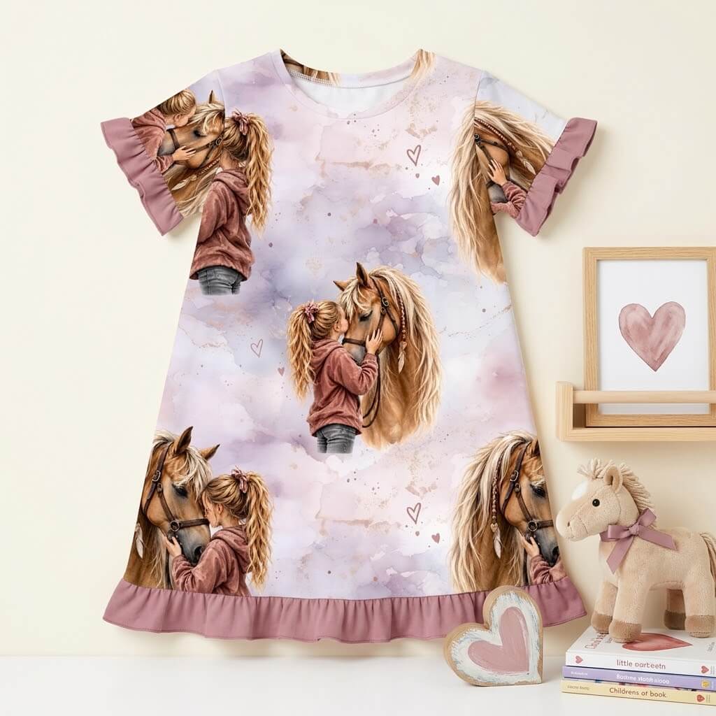 Herzenspferd Mädchenstoff vernäht zu Kinderkleid, Mädchen trägt Jersey Kleid mit Mädchen und Pferd Motiv, OEKO-TEX 100 Mädchenstoff