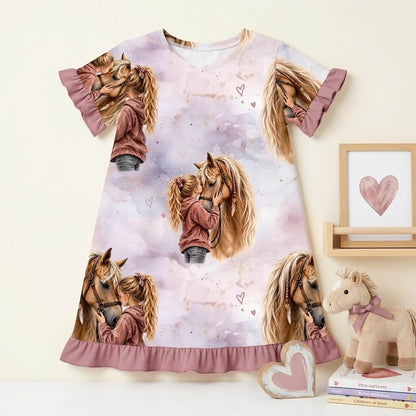 Herzenspferd Mädchenstoff vernäht zu Kinderkleid, Mädchen trägt Jersey Kleid mit Mädchen und Pferd Motiv, OEKO-TEX 100 Mädchenstoff