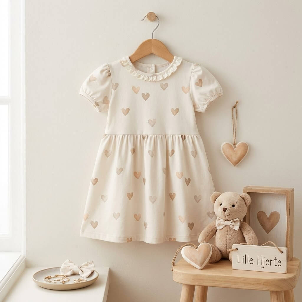 Herzenszart vernäht zu Kinderkleid, Mädchen trägt Jersey Kleid mit zarten Herzen Motiv in Beige, OEKO-TEX 100 Kinderstoff