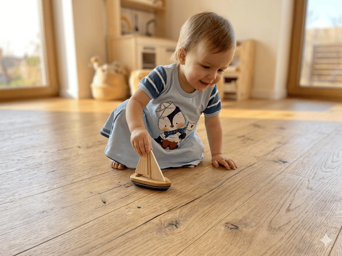 Baby trägt blaues Kleid mit Pinguin Motiv beim Spielen
