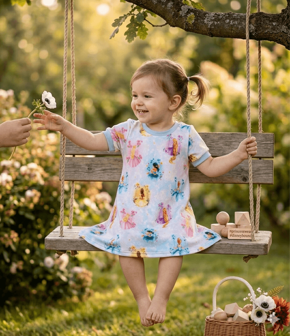 Kleines Mädchen trägt blaues Prinzessinnen Kleid auf Schaukel im Garten
