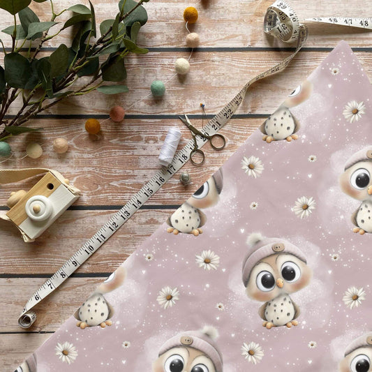 Kinderstoffe Meterware Eule mit Mütze Altrosa Gänseblümchen Baumwolle