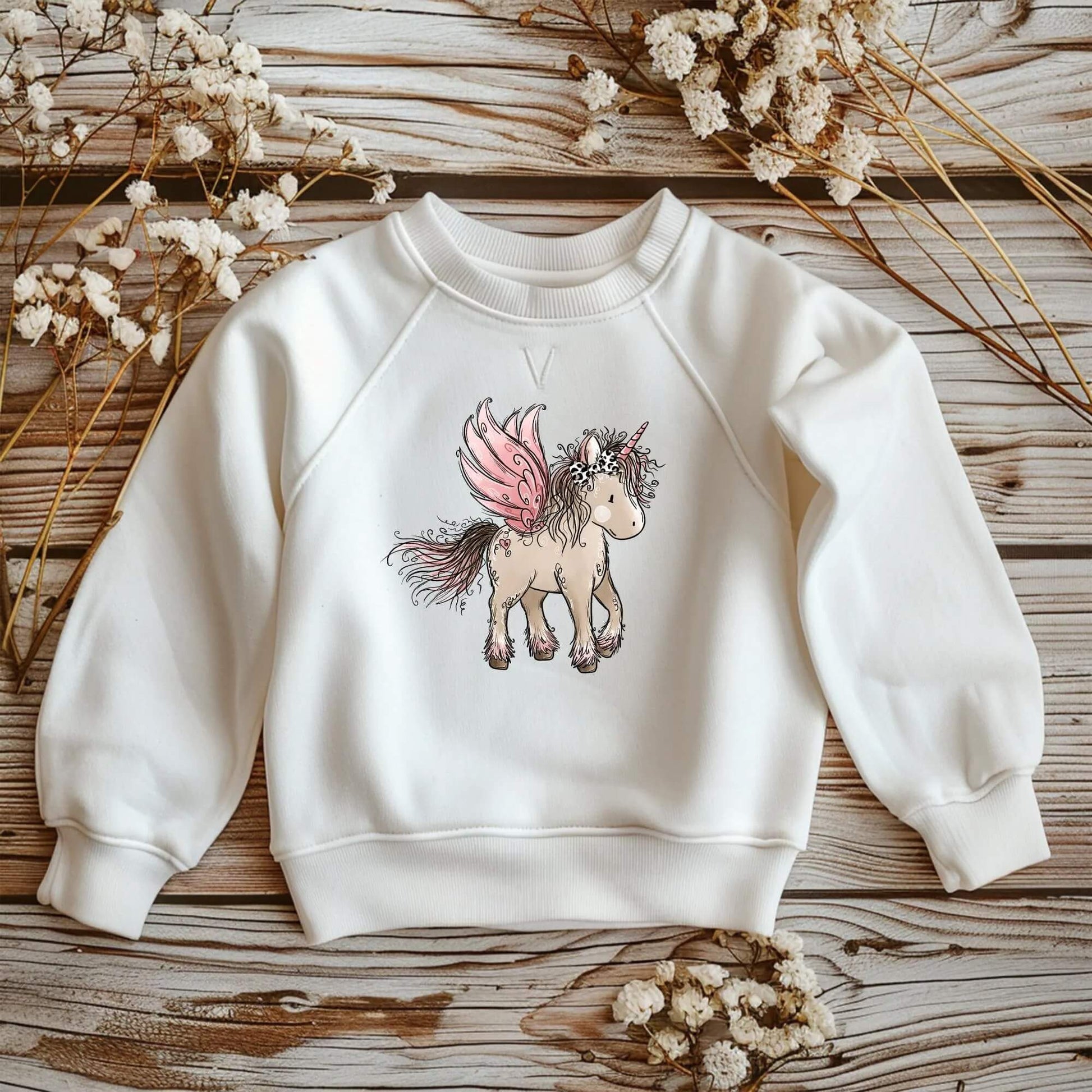 Kinder Sweatshirt Einhorn Bügelbild DTF Katzengold Motiv
