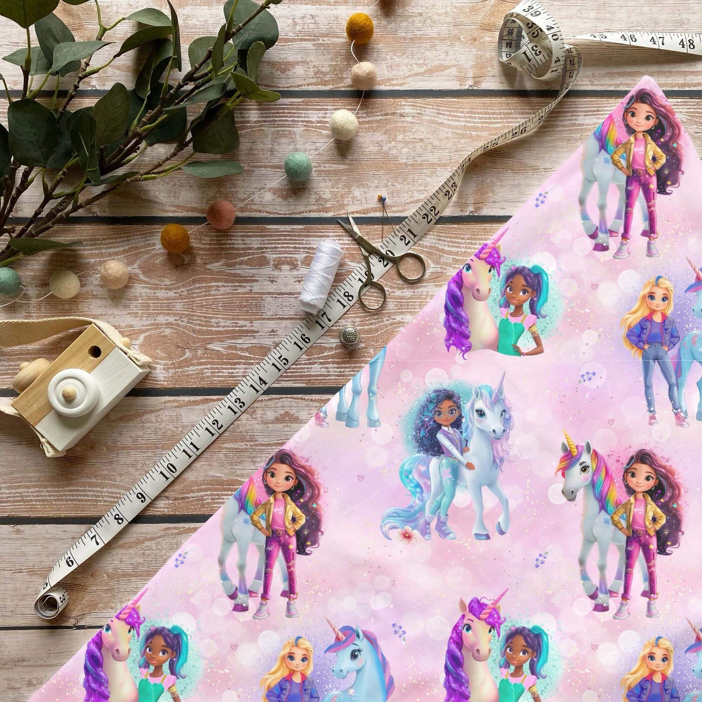 Einhornreiterin Jersey Stoff mit Mädchen- und Einhornmotiv auf rosa Hintergrund