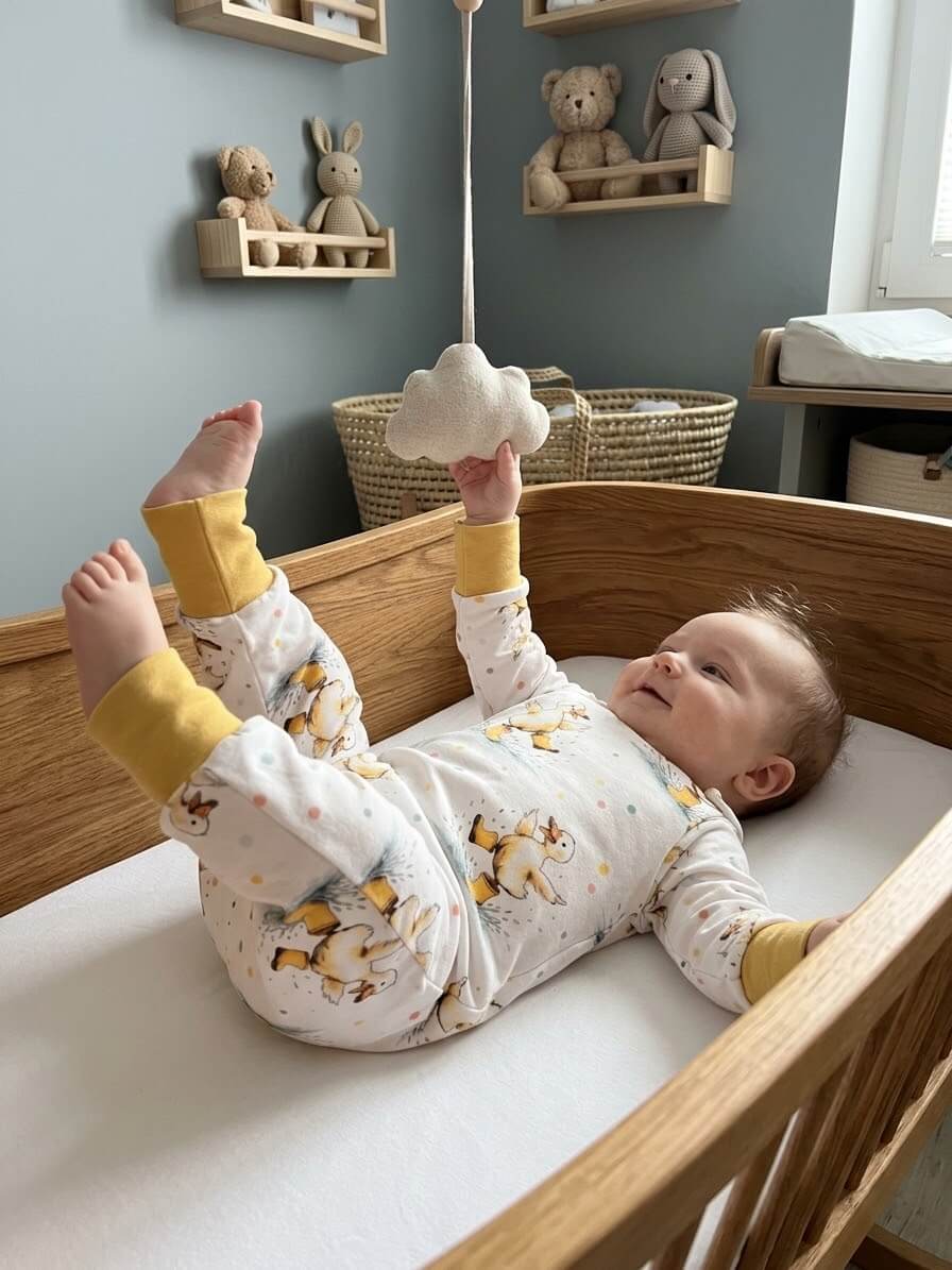 Baby liegt im Bettchen und greift nach Mobile, trägt Kleidung im Regenentchen-Design