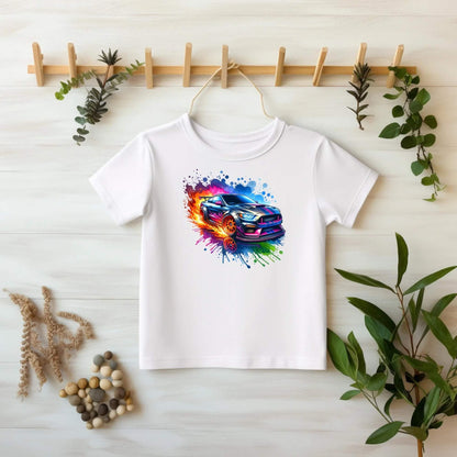 Weißes Kinder-T-Shirt mit DTF Bügelbild Sportwagen mit Flammen und Farbexplosion, Racing Bügelmotiv 17x18 cm