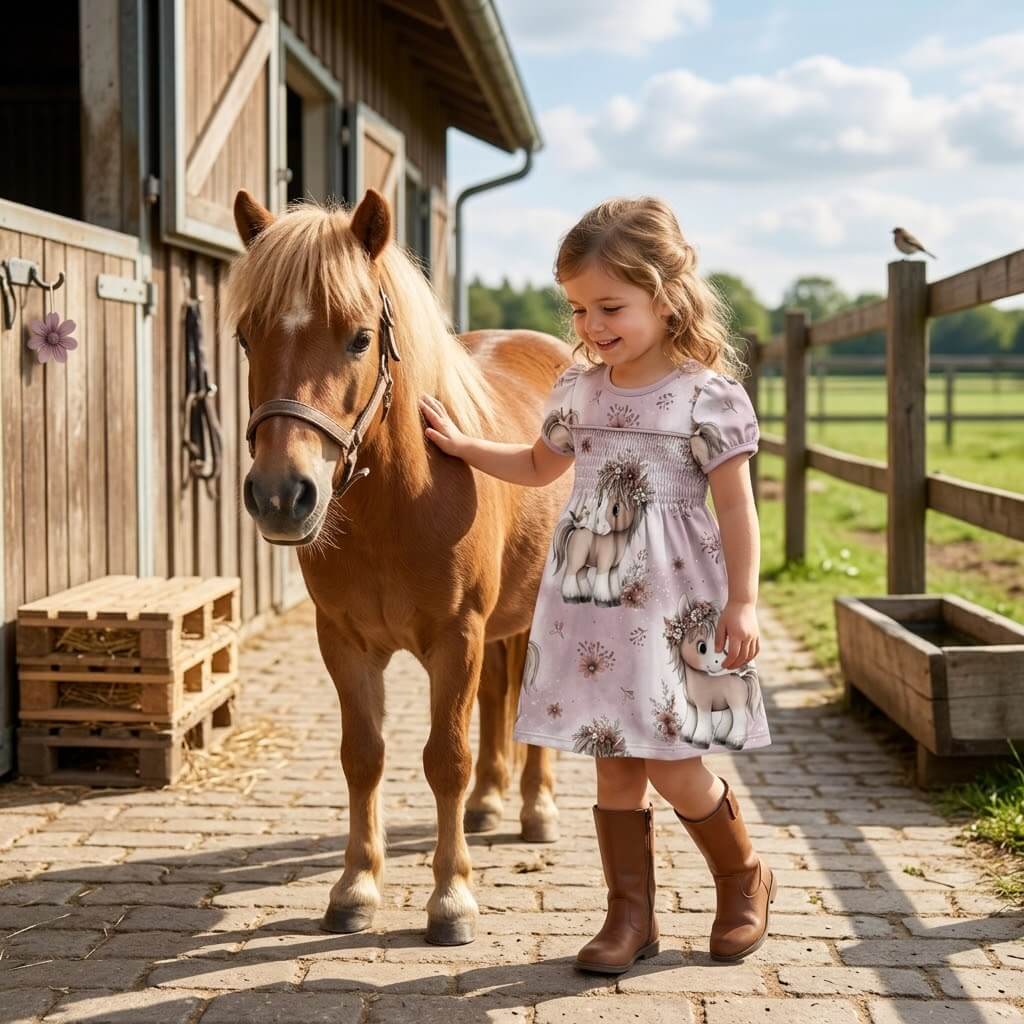 Kinderstoff Blütenpony Kleid Mädchen Pony Streicheln