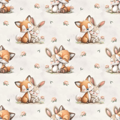 Baumwollstoff Fuchs Hase Nahaufnahme OEKO-TEX Kinderstoffe
