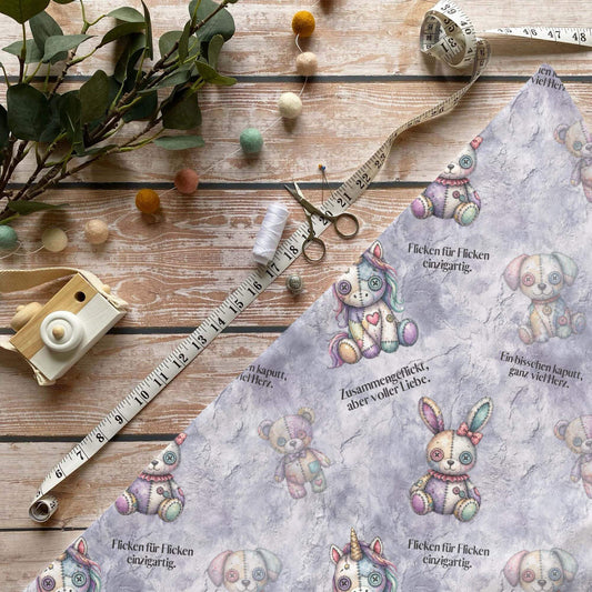 Flickenfreunde Kinderstoff Meterware mit Patchwork Einhorn und Kuscheltieren Motiv, OEKO-TEX 100 Jersey Stoff für Baby- und Kindermode
