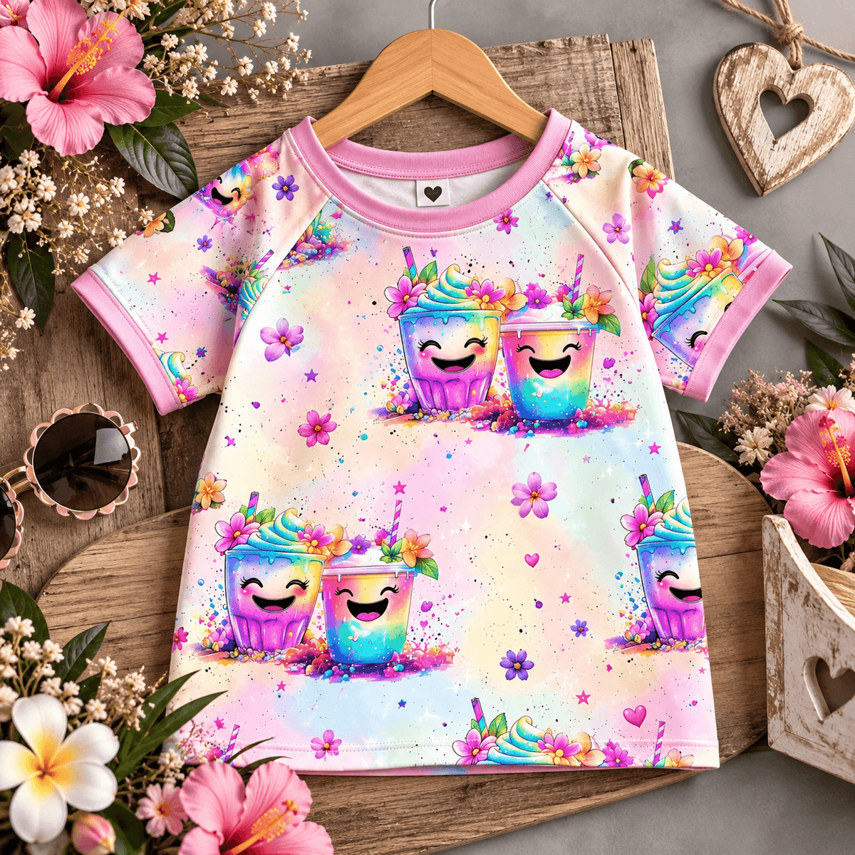 Rainbow Smoothies Mädchenstoff vernäht zu T-Shirt, Mädchen trägt Jersey Shirt mit lachenden Smoothie-Bechern Motiv, OEKO-TEX 100 Mädchenstoff