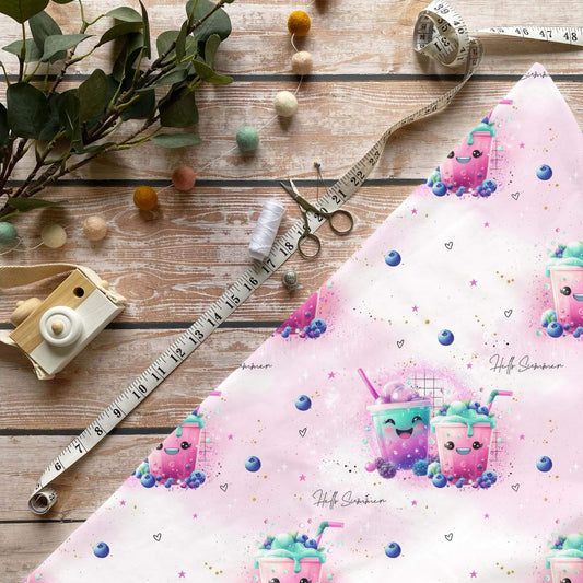 Kinderstoffe Meterware Smoothie Blaubeeren Kawaii Rosa Baumwolle