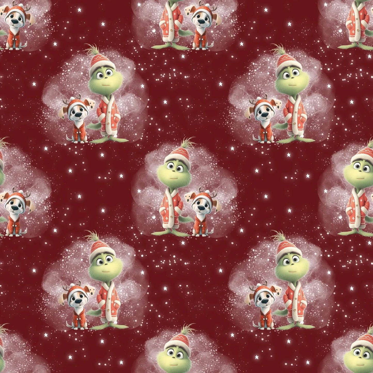 Baumwollstoff mit Grinch und Hund auf rotem Hintergrund – Meterware für kreative Nähideen