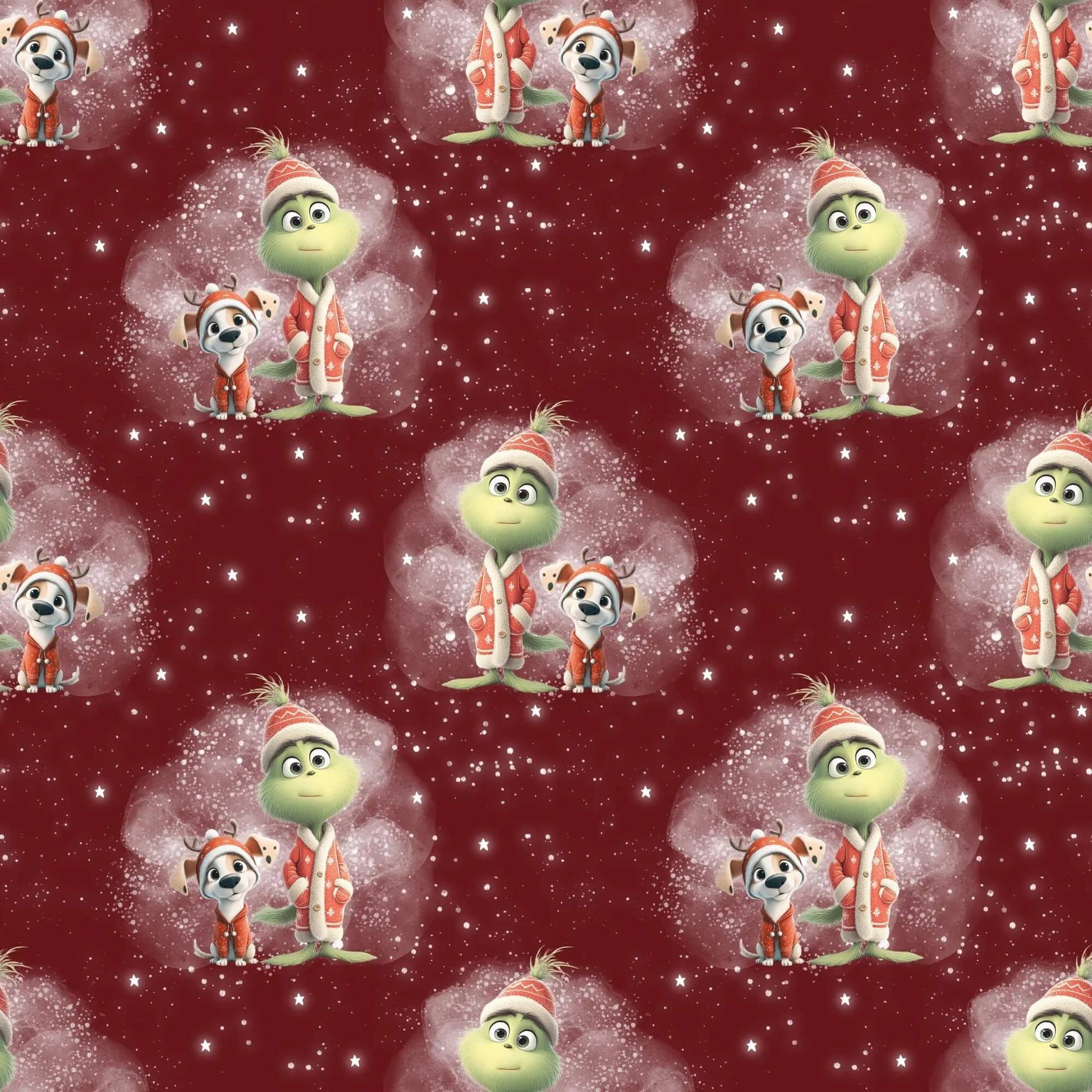 Baumwollstoff mit Grinch und Hund auf rotem Hintergrund – Meterware für kreative Nähideen