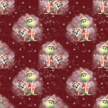 Baumwollstoff mit Grinch und Hund auf rotem Hintergrund – Meterware für kreative Nähideen