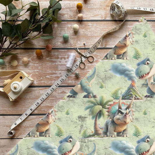 „French Terry Meterware mit Dino Muster – perfekt fuer Pullover & Pumphosen“