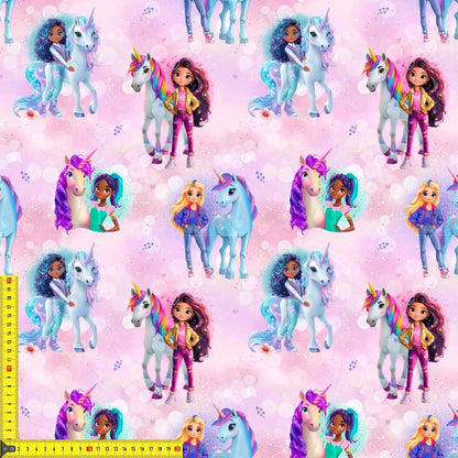 „French Terry Meterware mit Einhornreiterin – perfekt fuer Pullover & Pumphosen“