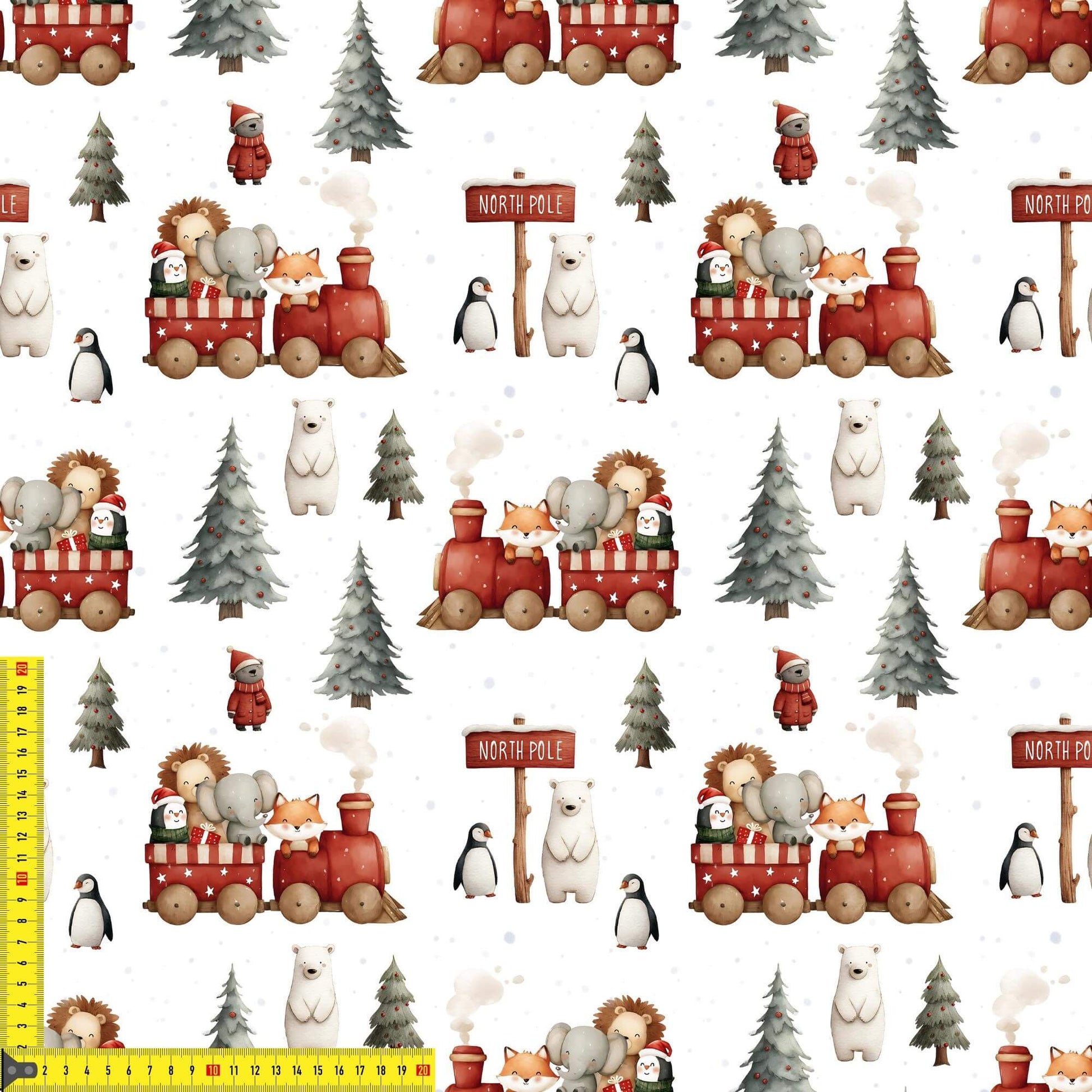 „French Terry Meterware mit Weihnachtszug – perfekt fuer Pullover & Pumphosen“