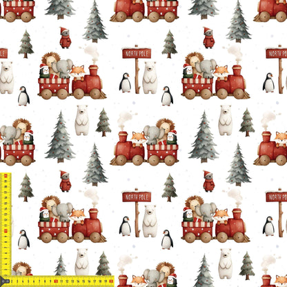 „French Terry Meterware mit Weihnachtszug – perfekt fuer Pullover & Pumphosen“